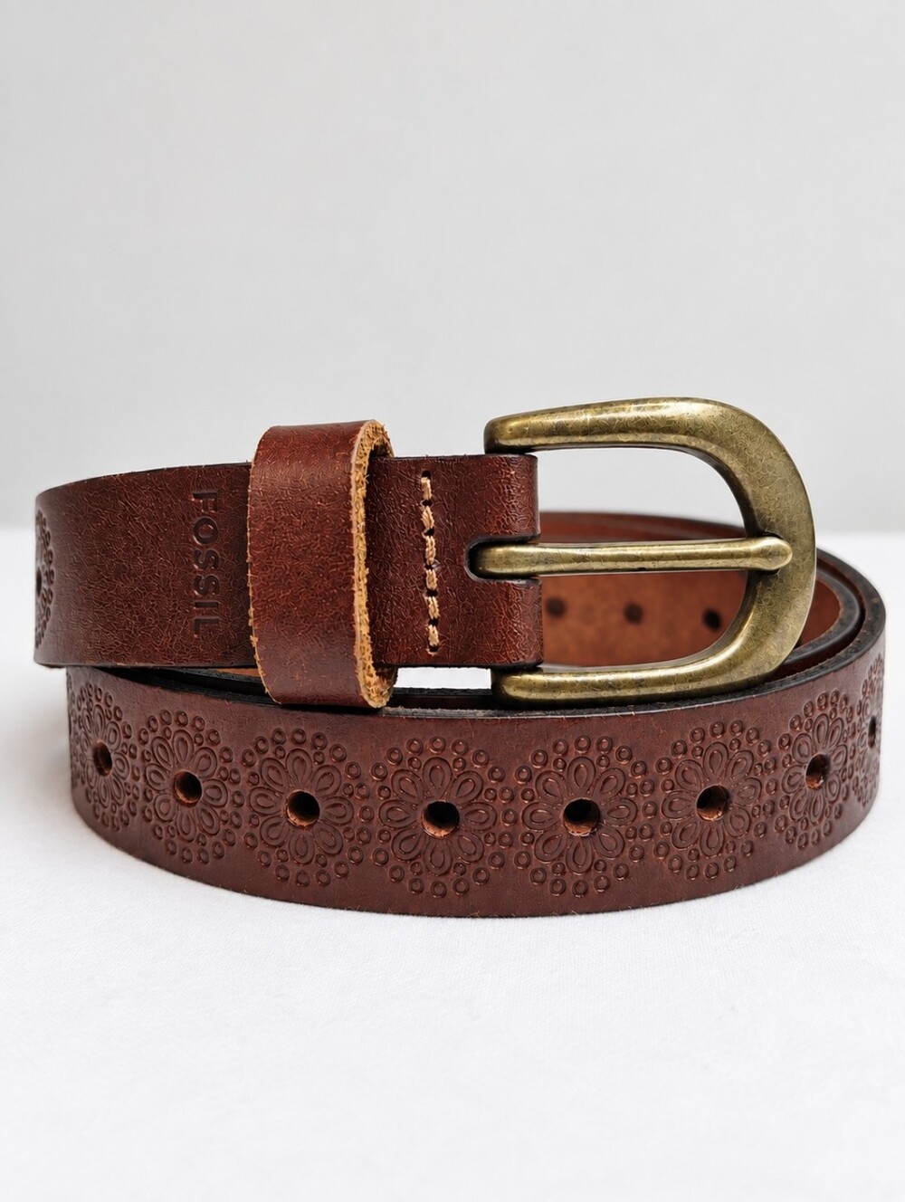 Fossil Brown Leather Floral Embossed Belt Size Large